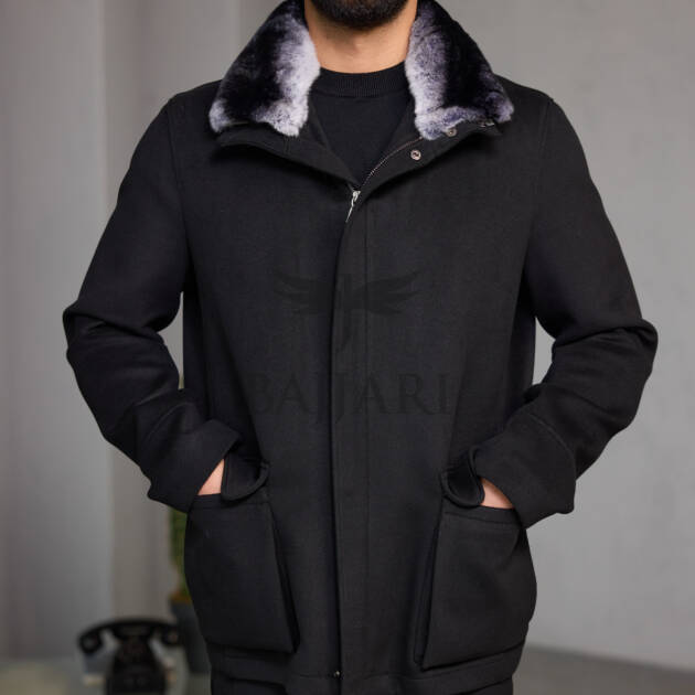 Removable Collar Rabbit Rex Fur Trimmed Cashmere Men’s Jacket
