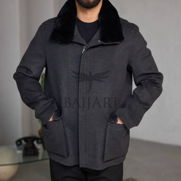 Removable Collar Rabbit Rex Fur Trimmed Cashmere Men’s Jacket