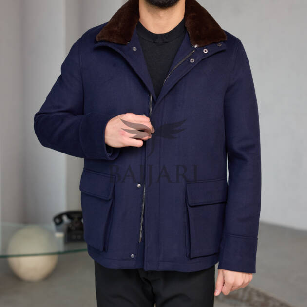 Men's Cashmere Jacket with Removable Lining and Collar, Featuring Rabbit Rex Fur Detail