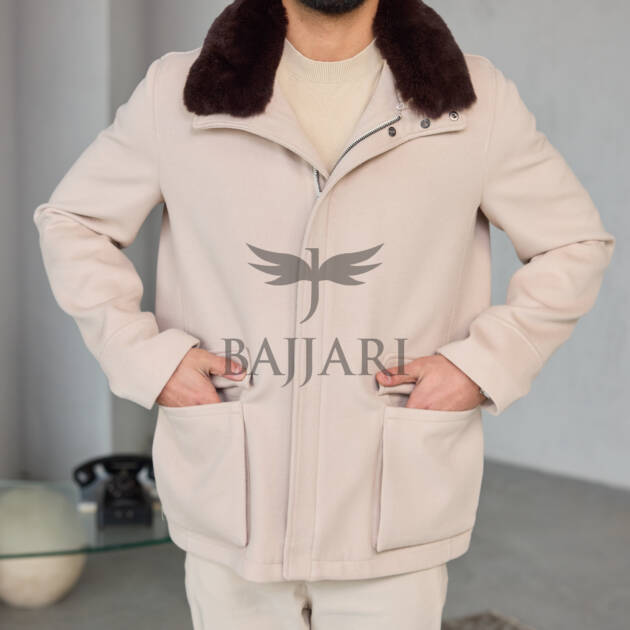 Men's Cashmere Jacket with Removable Lining and Collar, Featuring Rabbit Rex Fur Detail