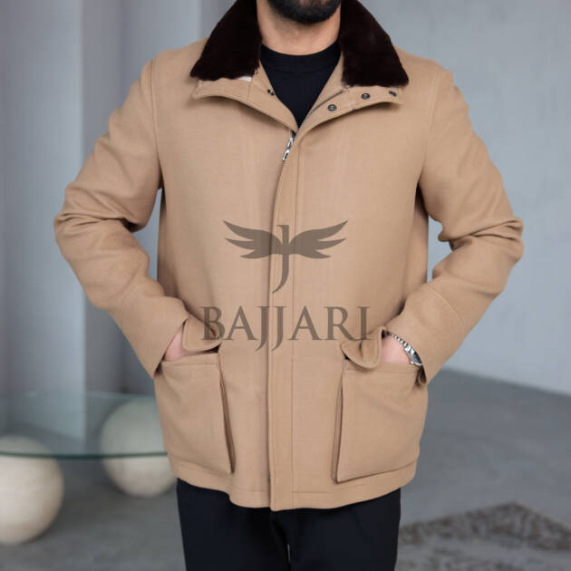 Men's Cashmere Jacket with Removable Lining and Collar, Featuring Rabbit Rex Fur Detail