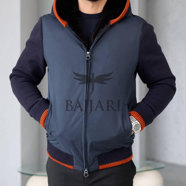 Men's hooded jacket with fur lining, knitted fabric sleeves, and waterproof fabric