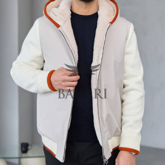 Men's hooded jacket with fur lining, knitted fabric sleeves, and waterproof fabric